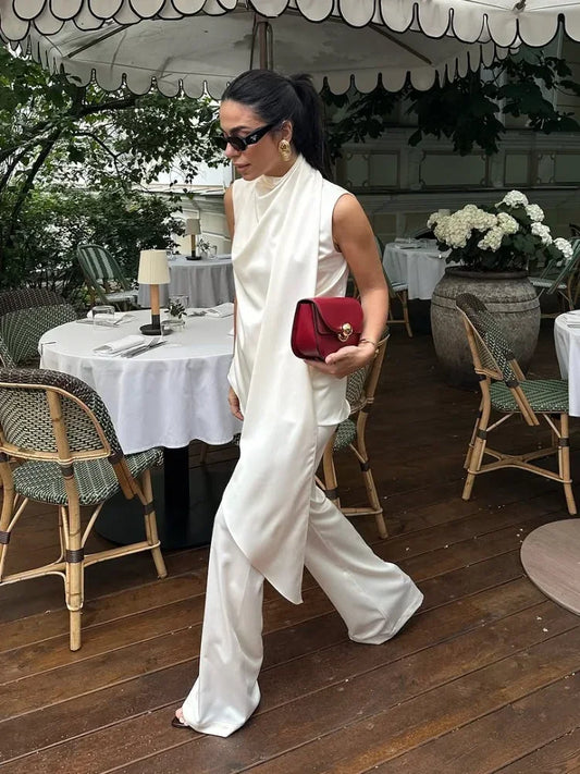 🍒White satin two piece set silk outfits Irregular fashion sleeveless party wear long tops for women and high waist trouser suit part occasion wear Get A Fashion Angle