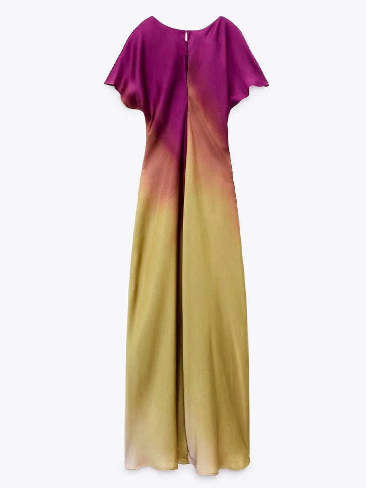 🍒Maxi gradient dress women summer wear elegant short sleeve satin outfit fashion slim fit high street clothing for occasion evening wear party wear Eat Summer Ice cream In Your Ice cream Summer