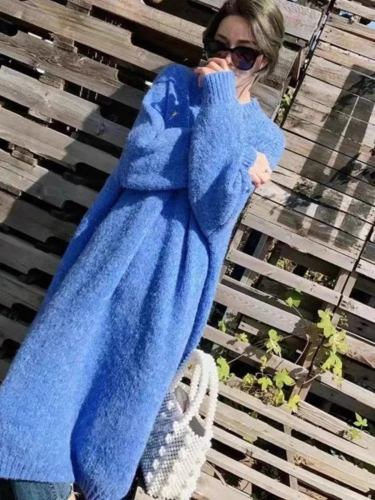 🍒 Round neck sweater dress winter woollen dresses plus size maxi outfit thick and loose oversize fashion clothing casual wear women No Sweat Sweater Dress