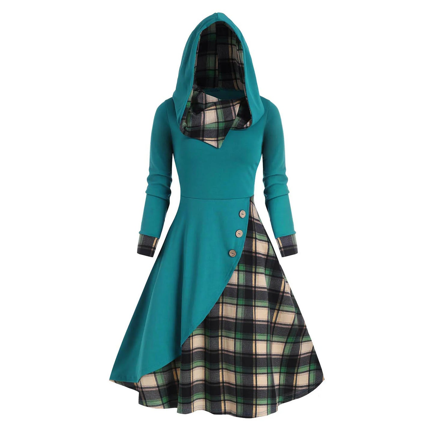 🍒Hooded dress button plaid patchwork outfit womens warm clothes autumn winter fashion high waist long sleeve casual midi Please Purchase Plaids