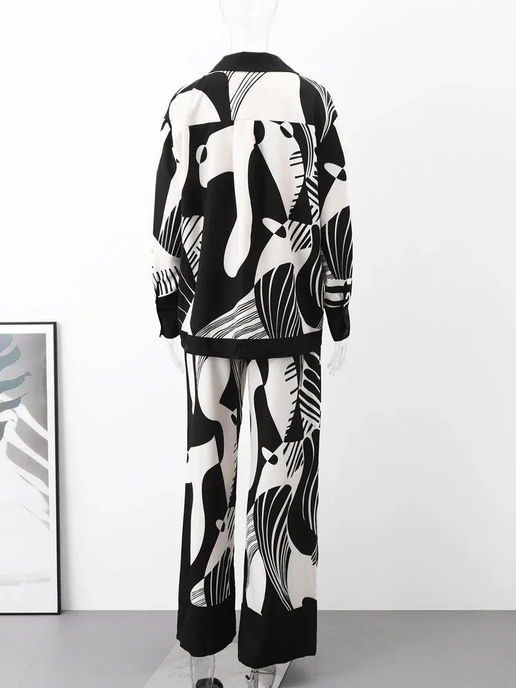 🍒Print shirt womens 2 piece sets loose long sleeve shirt and wide leg pants female suit Summer smart casual outfits ladiy Fashion occasion party wear occasion evening wear