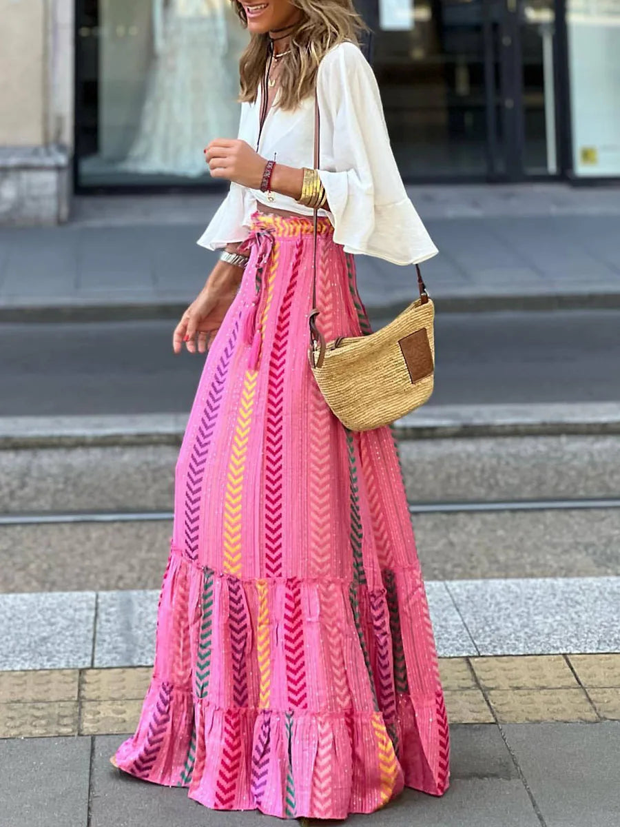 🍒Flowy maxi skirt floral print long vintage high waist maxi fashion elastic a -line skirt boho outit beach versitile holiday sundress Maxi-mum Flow Beautiful Boho