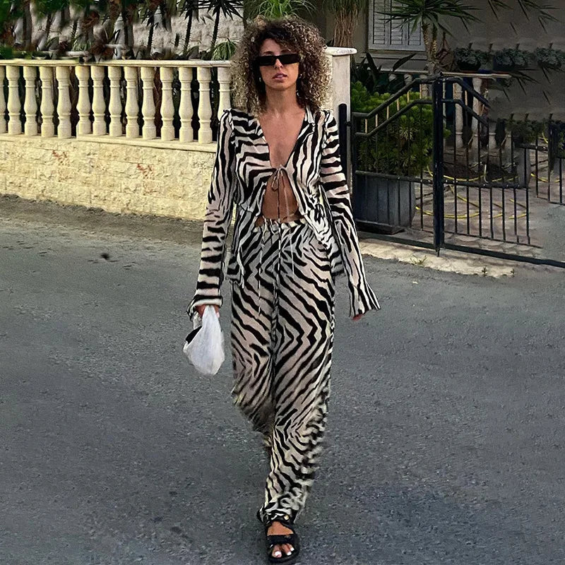 🍒Zebra print mesh top sheer stripeed shirt outfit for women set tie front detail top and matching pants fashion two piece sets holiday beachwear Do Hot Girl Hot Jungle in Cool Clothes