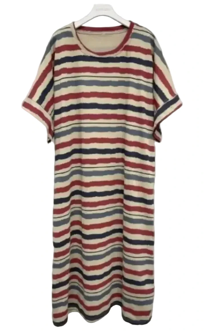 🍒Striped t-shirt dress A- line knee length outfit plus size slimming clothes for plus size women spring summer fashion Stripe A- Pose
