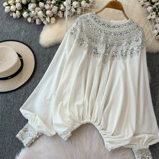 🍒Vintage velvet blouse women's velour shirt sequin clothing elasticated waist top Loose party occasion wear clothing Voted Velvet Varying Never