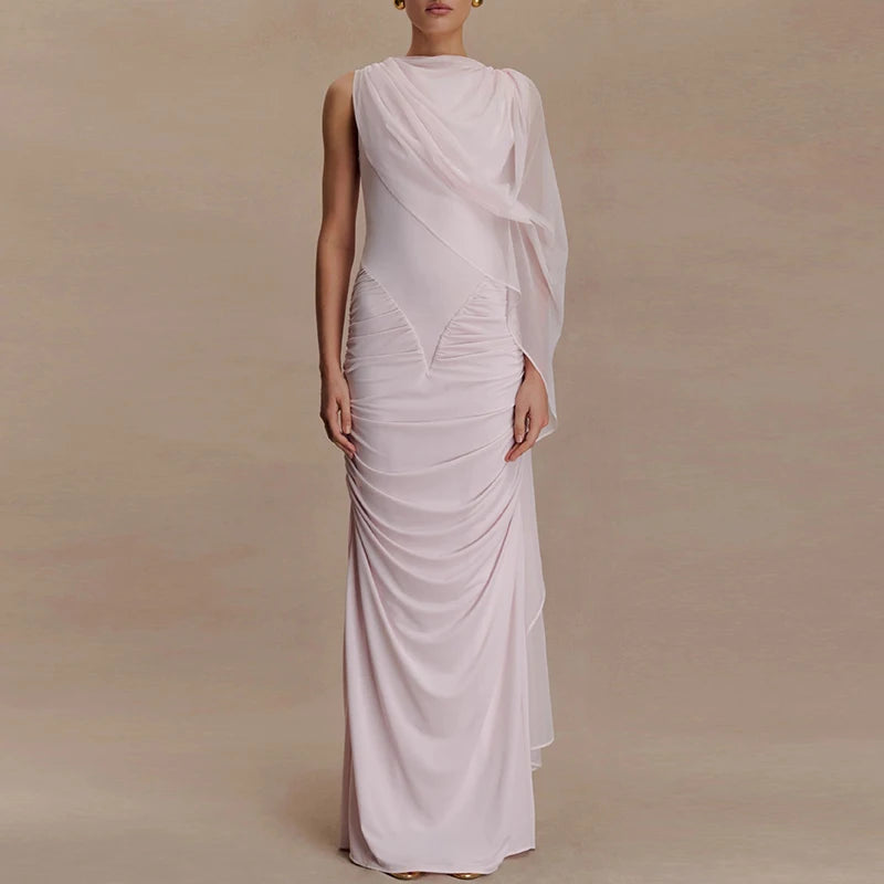 🍒Mesh draped dress solid color outfits o/neck high waist chiffon evening gowns occasion wear maxi shawl dress Rome-mantic