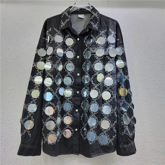 🍒Denim shirt big sequin Jacket plaid tops occasion partywear and matching high waist wide legs denim pants two piece sets women Dynamic Denim