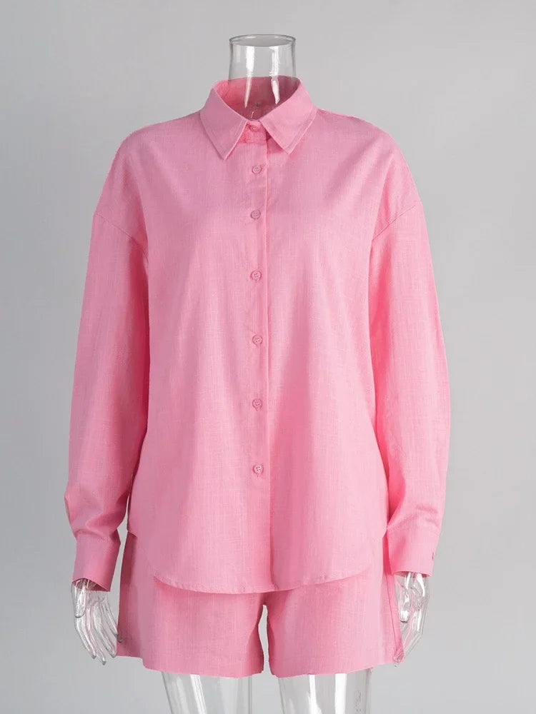 🍒Cotton summer shorts set 100 percent cotton clothes two-piece beach outfit with long sleeve shirt plus oversize shorts womens casual outfits Sweet Shorty Shirty