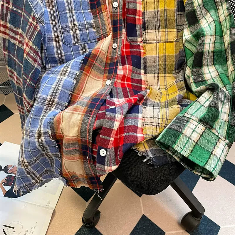 🍒Women's checkered collared shirt spliced long sleeve shiirt Y2K american streetwear aesthetic college 2000s top retro shirt casual clothing Get Your Neck In A check
