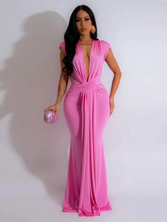 🍒Womens deep v maxi dress long sleeveless solid bodycon fitted waist outfit dressy drape colourful evening wear Spend A Colourful HOUR With A GLASS