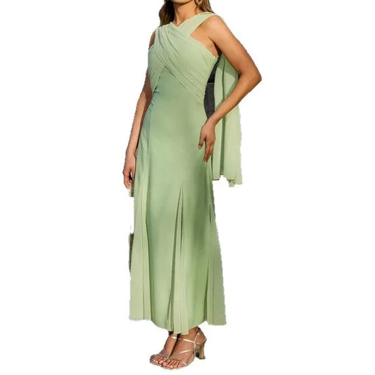 🍒Strapless chiffon dress solid colour fashion ribbon accessorie sleeveless outfit with scarf on neck slim fitted hip and flare for Summer high waist pleated dress occassion maxi party clothing Get This Hang Over Handed Over