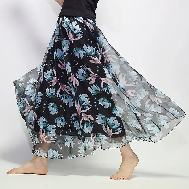 🍒Vintage bohemian long skirt full elegant chiffon fashion beach wear smart casual women high waist maxi skirt outfit summer Clothing Fill Your Basket With Roses