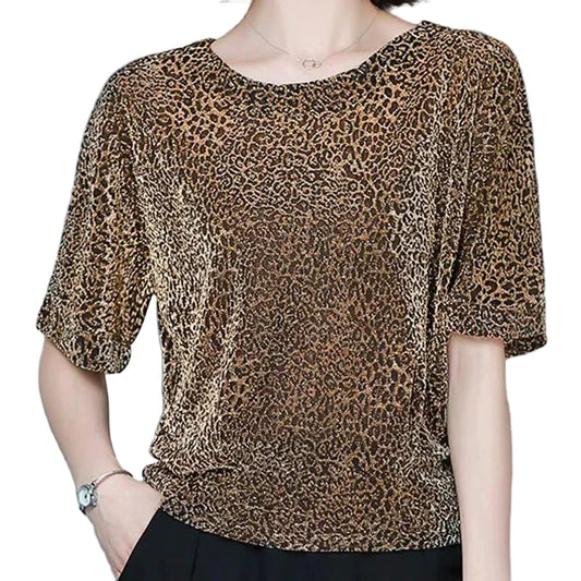 🍒Short sleeve womens blouses o-neck shirt smart casual women leopard print party top with elasticated waist office shirts Simple Vintage style clothing Simple Style Statement