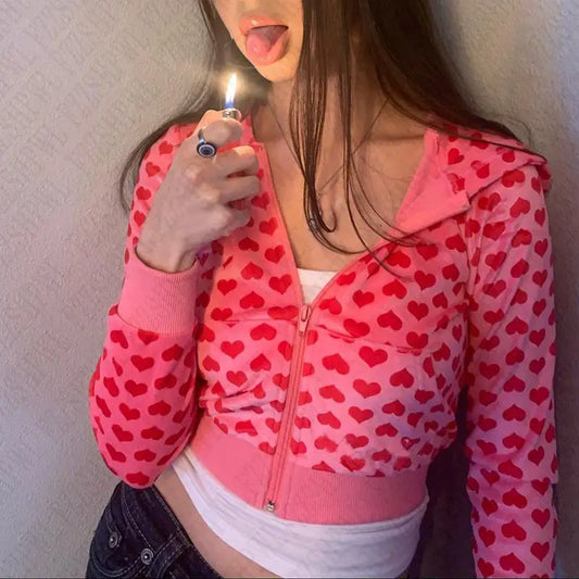 🍒Hooded top y2k zip up casual cardigan hoodie tank top zip up womens aesthetic heart print clothing feminine streetwear fashion Heart Print Heart Print