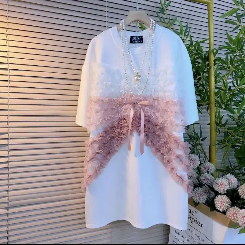 🍒Mesh lace ruffle tee shirt women 3d bow loose summer wear tops for girls mid length ruched chiffon t-shirt short sleeve Perfect Partying Pink