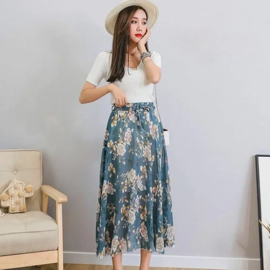 🍒Chiffon a-line skirt high waist long smart casual women trend modest vintage clothing quality fashion wear Floor-all With This Floral