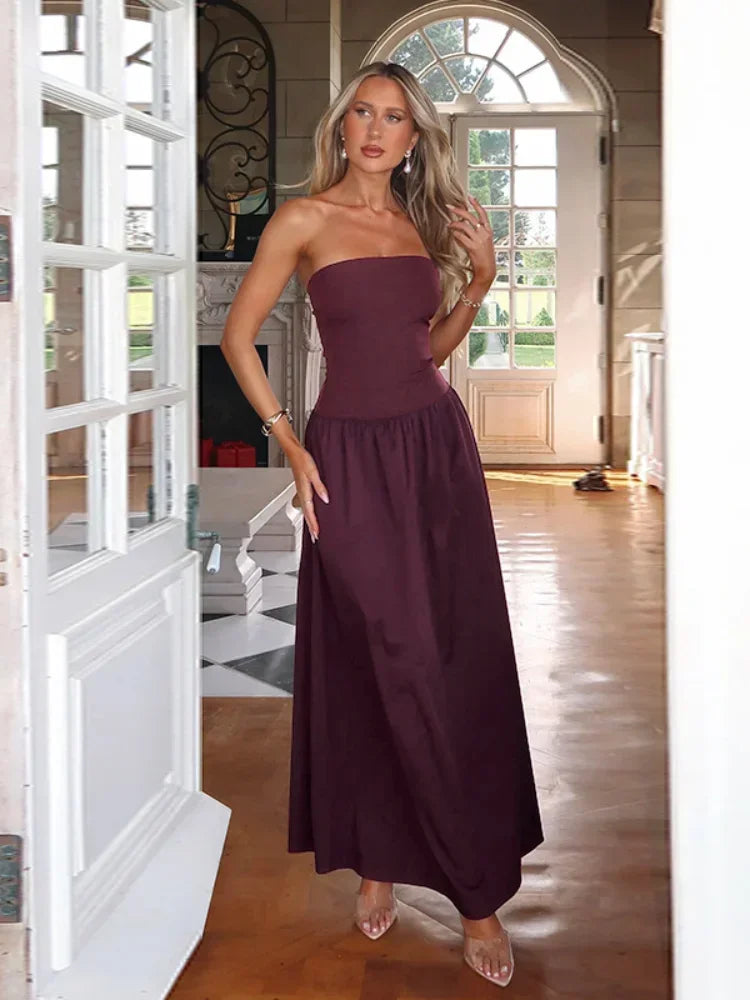 🍒Solid backless maxi dress sleeveless design elegant womens solid color outfit chic high waist club party wear occasion clothing Currant is Black