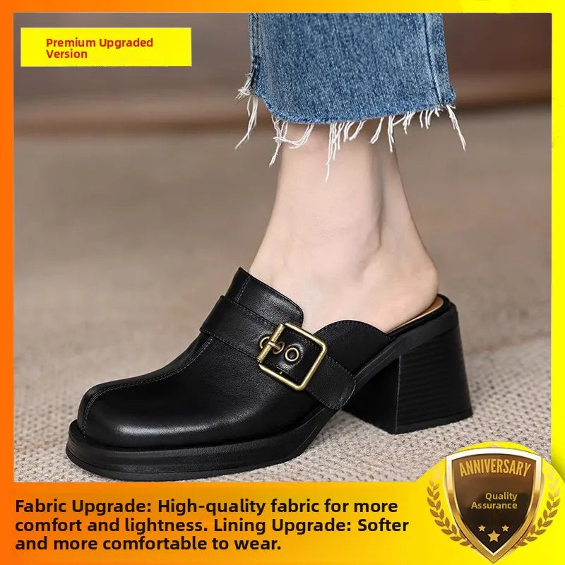 🍒Genuine leather buckle shoe open back mules for ladies smart casual summer footwear commuter thick heel slides