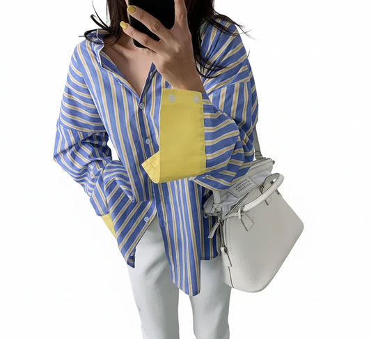 🍒Spring striped shirt loose for women fashion colour mid-length smart casual female fashion patchwork top summer clothes office wear You wont be SOR i BET about buying this LEMON-y