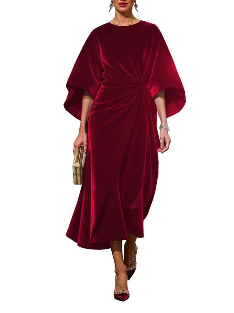 🍒Women's velvet dress fashion and elegant fitted waist outfit with batwing sleeves solid party wear Autumn occasion wear Purr -chase Posh Plush