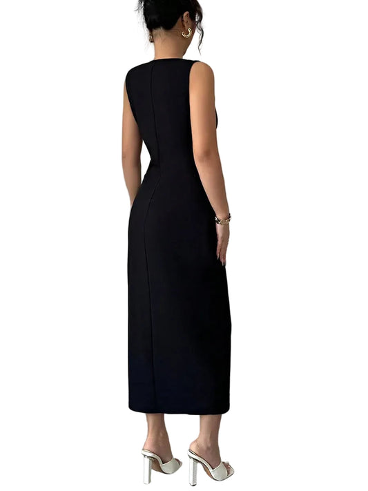 🍒Black dress side bows bodycon with slit midi cocktail outfit women party evening gown occasion fashion Sweet-Edge