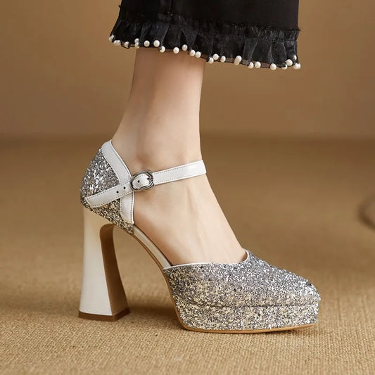 🍒Womens pointed toe platform shoes glitter heels silver banquet wedding shoes thick heels pumps ankle strap footwear Cute Form Platform