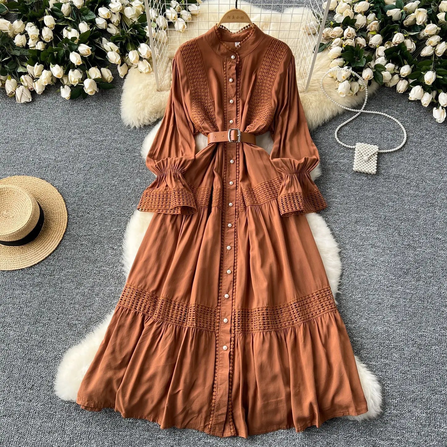 🍒Stand collar maxi dress a-line elegant single breasted smart casual women puff seeve outfit single breasted shirt dresses high waist Y2k fashion vintage style clothimg Get A ComPLEAT Look