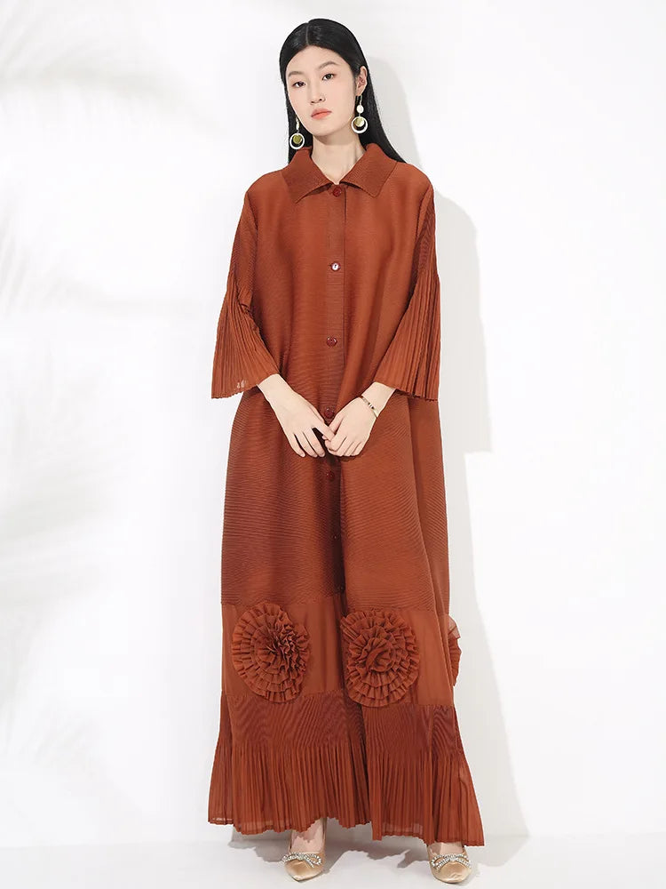 🍒Loose women's dress high-end chic lapel outfit with flared sleeves 3d floral fashion maxi single breasted coat dress party occasion wear Flowers At Your Feet frock