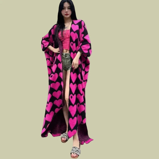 π Heart print cardigan womens knitwear kimono fashion autumn winter smart casual wear party coat thick warm womens holiday coat women Warm Hearted