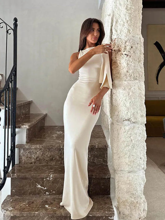 ๐Asymetric neck maxi dress long fitted temperament occasion party wear body con simple tie dresses for evening keep Aside The Side Side Tie