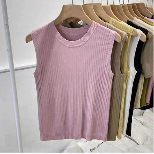 🍒Womens knitted tank tops fine knit vest summer wear for women o-neck sleeveless t-shirt casual clothing Tank Up Your Tops