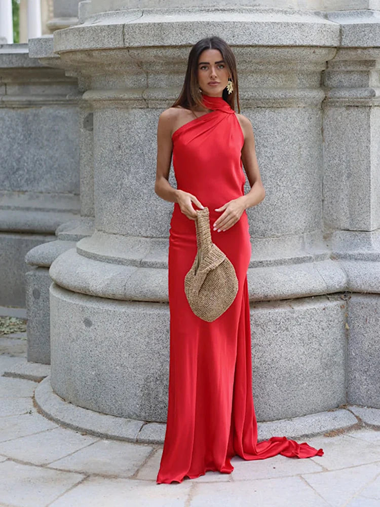 🍒Satin halter neck dress with scarf collar maxi dresses for women sleeveless backless long dress holiday wear evening party outfits Get Ready For A Trail Of Compliments