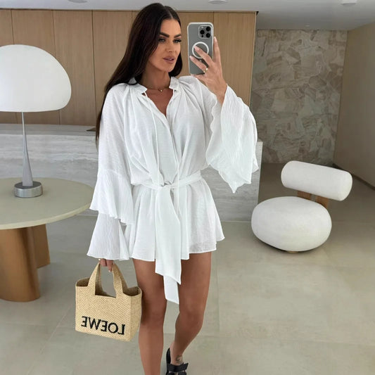 🍒Elegant fold dress women brown deep v-neck long sleeve mini dress female spring summer loose fashion clothes party occasion wear Blouse Up In a Dress