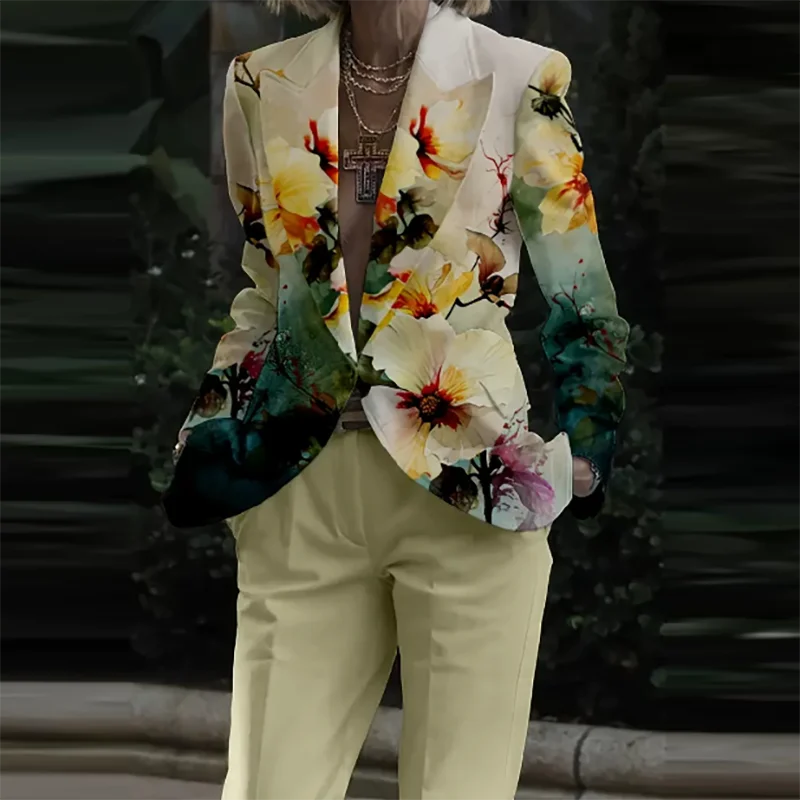 🍒Womens casual suits two piece loose pants set womens lapel long sleeve jacket and trouser set floral fashion pattern print outfit Look Like Your On A Shoot In A Fruity Suit