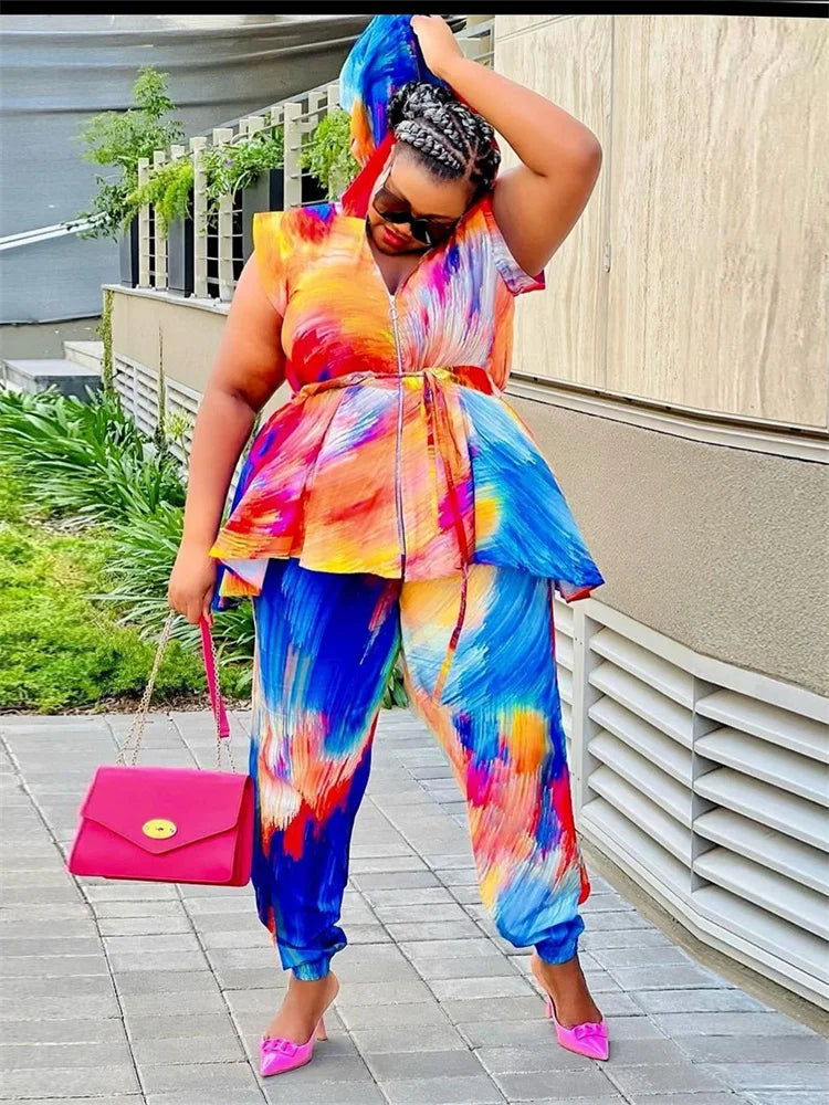🍒Plus size two piece women colourful party outfit tie dye sleeveless hoodie set casual loose top and pants matching set beach party clothes holiday wear Get TIEd to Colour I know Your DYEing To