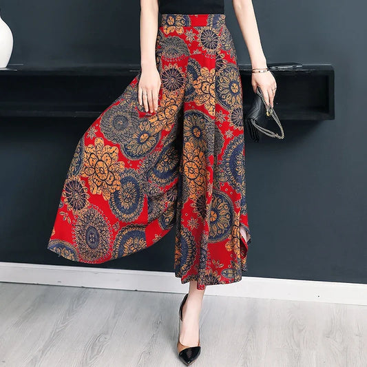 🍒Summer wide leg pants cropped smart casual women high quality loose bohemian skirt pants high waist vintage style trousers multi colour bottoms mid length trousers No Panting In These Summer Light Pants