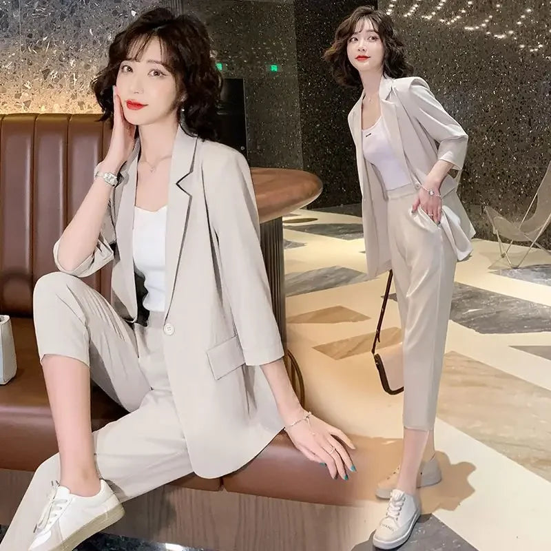 🍒Two piece blazer suit jacket and Pants two piece set for Women capri trousers with lapel jacket office workwear party occasion wear Look Cool In Ice Cream