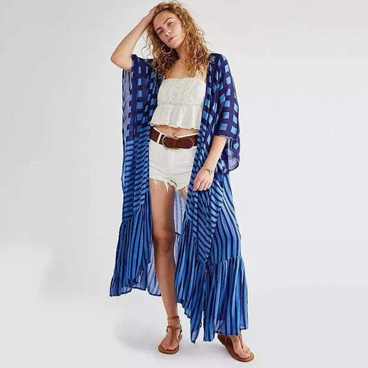🍒Beach cover ups for swimwear women checker kimono with sripes cape summer dress beachwear outfits Check Out This Beach