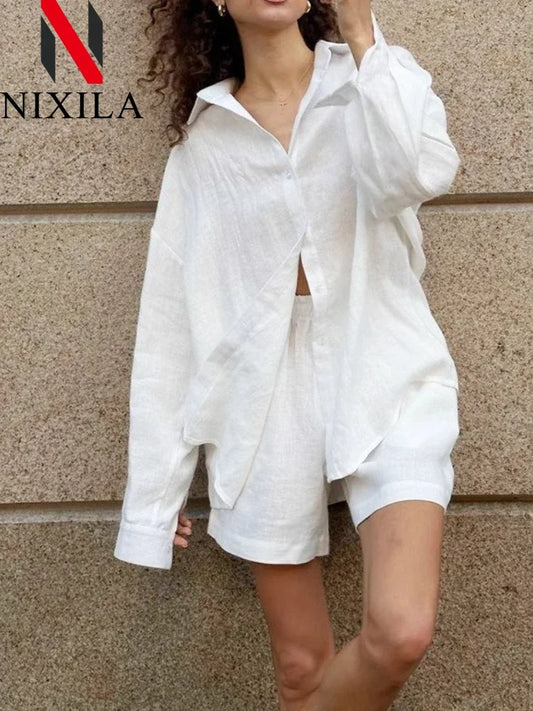 🍒Cotton summer shorts set 100 percent cotton clothes two-piece beach outfit with long sleeve shirt plus oversize shorts womens casual outfits Sweet Shorty Shirty
