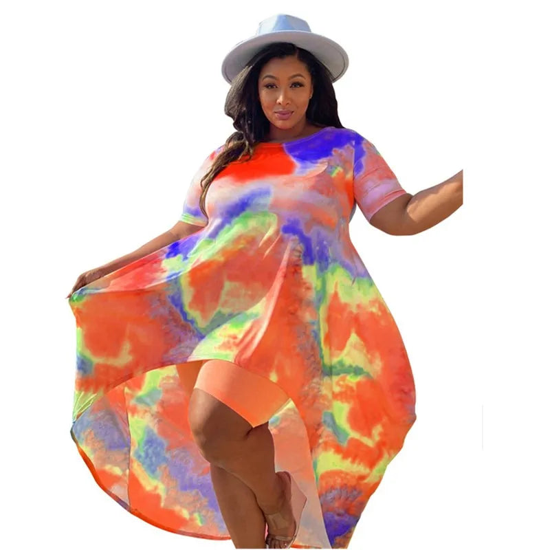 🍒Plus size shorts sets for Women summer holiday two piece tie dye long style top shorts Leggings Outfits Summer Up In Colour