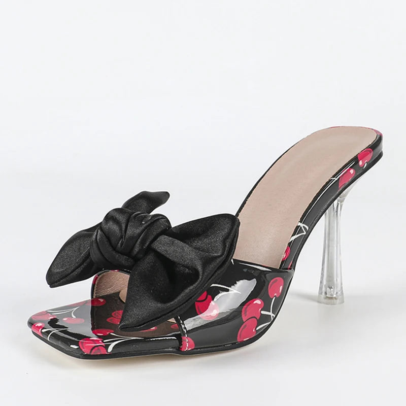 🍒Transparent heeled slippers For Woman colourful silk bowknot design heels party wear sandal shoes occasion footwear fashion cherry pattern mules slides Present A Bow To You