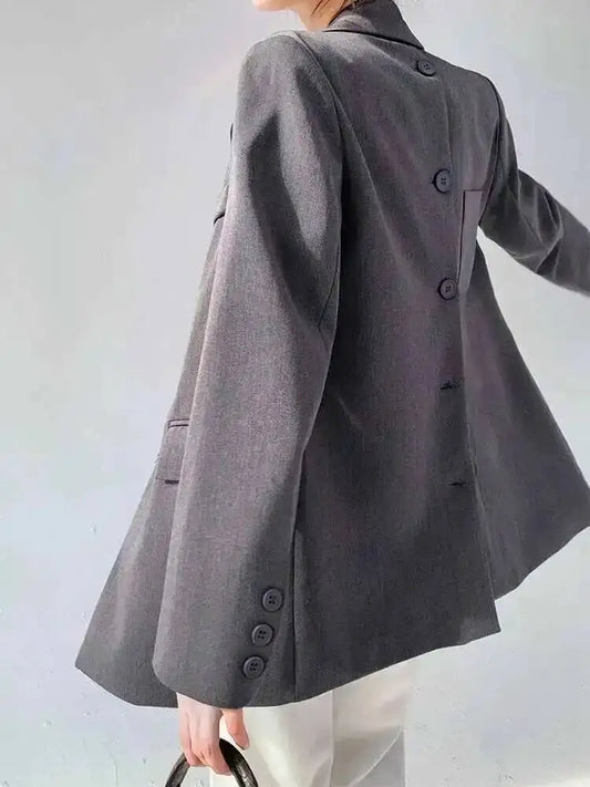 🍒Back button blazer designer with upper back pocket outerwear clothes for women grey lapel long sleeve jacket fashion female coat spring chic occasion wear Put This In Your BACK POCKET For That BLAZERing Hot Occasion