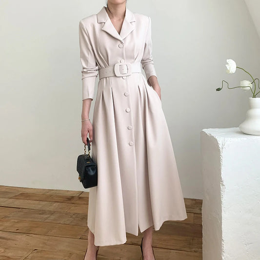 🍒Style blazer dress long sleeve single breasted clothes women light wind coat temperament slim waist long belt outfit Lovely Lapel Look