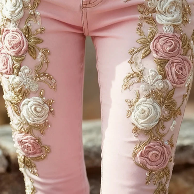 🍒Rose flower applique Jeans vintage trousers elegant romantic women's pink high waist pants slim chic floral pants