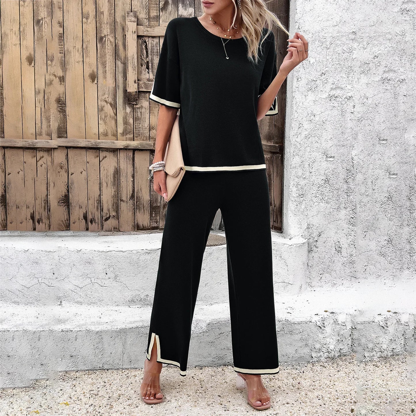 🍒Two piece women's clothing spring summer fashion knitted casual top short sleeve and wide-leg pants matching set Suit LINE Up For This EDGEy Set