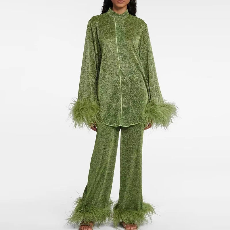 🍒Women's stand collar long sleeve blouse and pant set suit with feather trim elegant glitter button up shirt and trousers solid outfits autumn fashion party set occasion wear Tuck Turkey In Your Trolly Totally