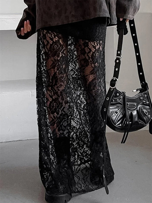 🍒Lace long skirt black elegant low waist solid colour see-through fashion maxi smart casual clothing Transfomation Transparents