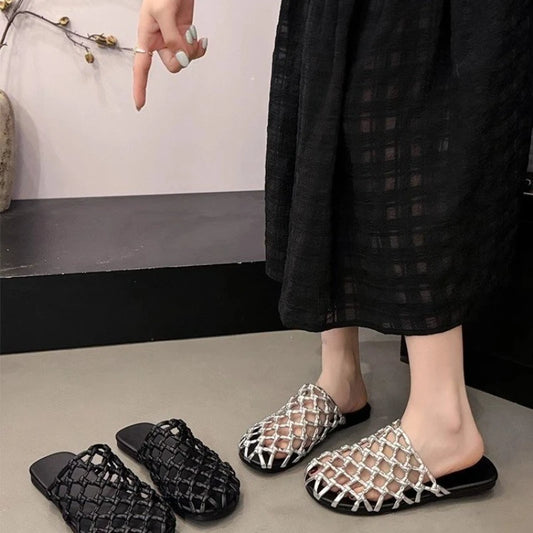 🍒Women's flying woven mesh sandals breathable flat shoes for women summer round toe sliders shallow mouth soft sole slippers for women anti-slip fabric Wear-resistant footwear Will Be Golden Oldies