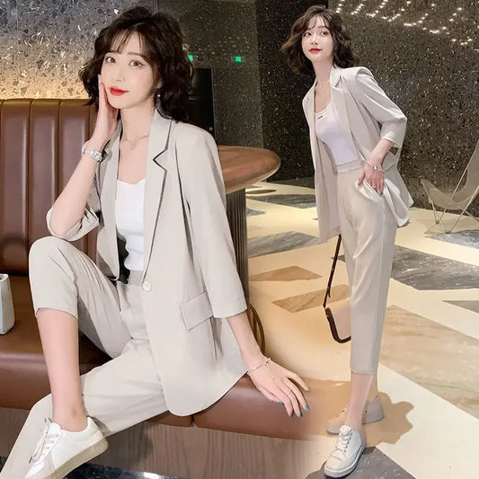🍒Two piece blazer suit jacket and Pants two piece set for Women capri trousers with lapel jacket office workwear party occasion wear Look Cool In Ice Cream