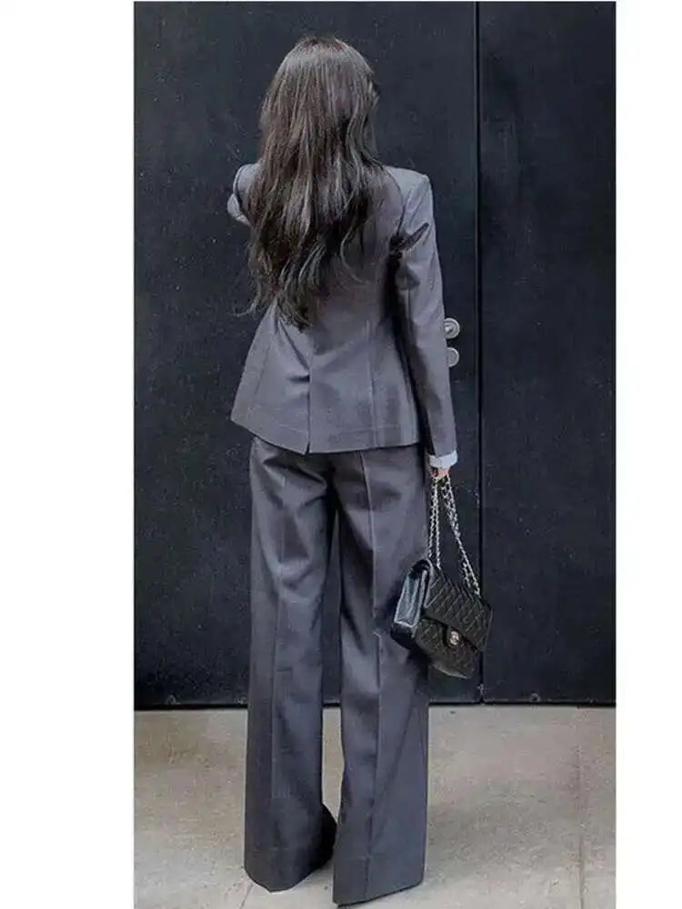 🍒Suit for women high quality Professional gray suit Jacket and Wide leg pants two piece smart set fashion wear